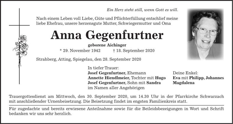 Traueranzeige Anna Gegenfurtner