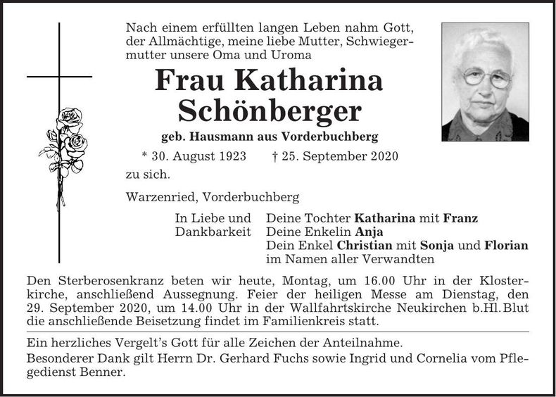 Traueranzeige Katharina Schönberger