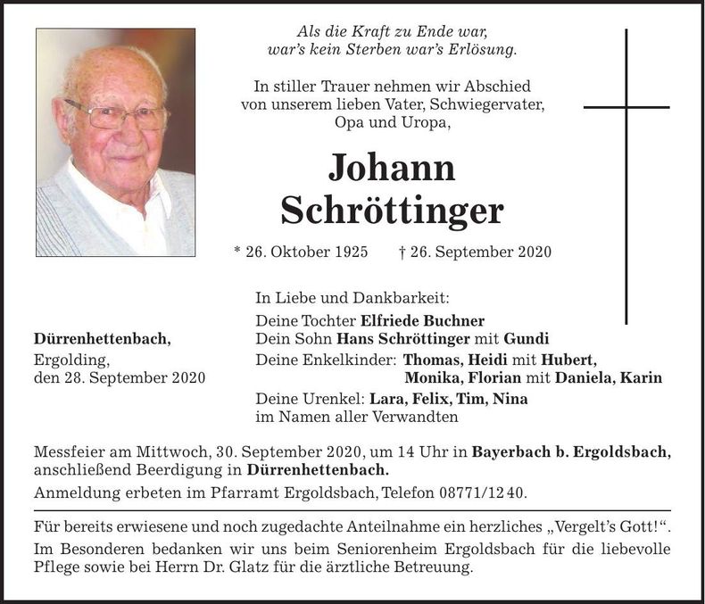 Traueranzeige Johann Schröttinger