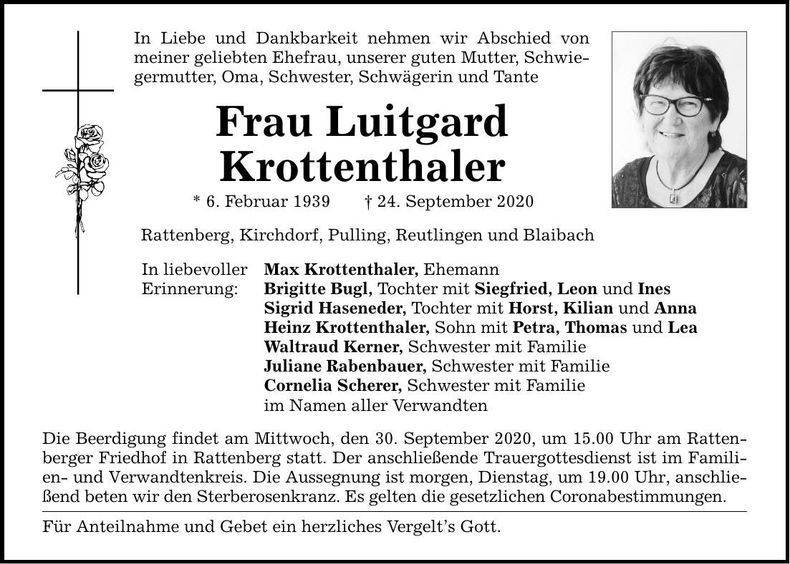 Traueranzeige Luitgard Krottenthaler