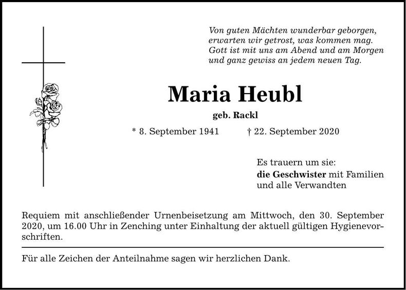 Traueranzeige Maria Heubl