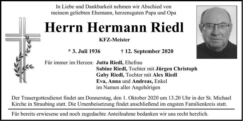 Traueranzeige Hermann Riedl