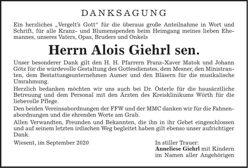 Traueranzeige Alois Giehrl