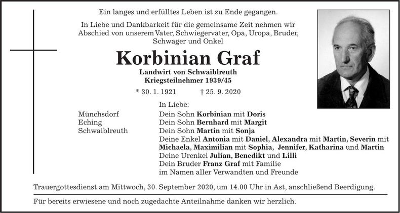 Traueranzeige Korbinian Graf