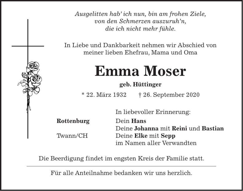 Traueranzeige Emma Moser