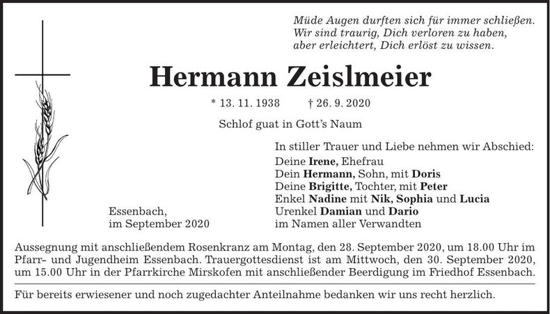 Traueranzeige Hermann Zeislmeier
