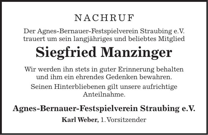 Traueranzeige Siegfried Manzinger