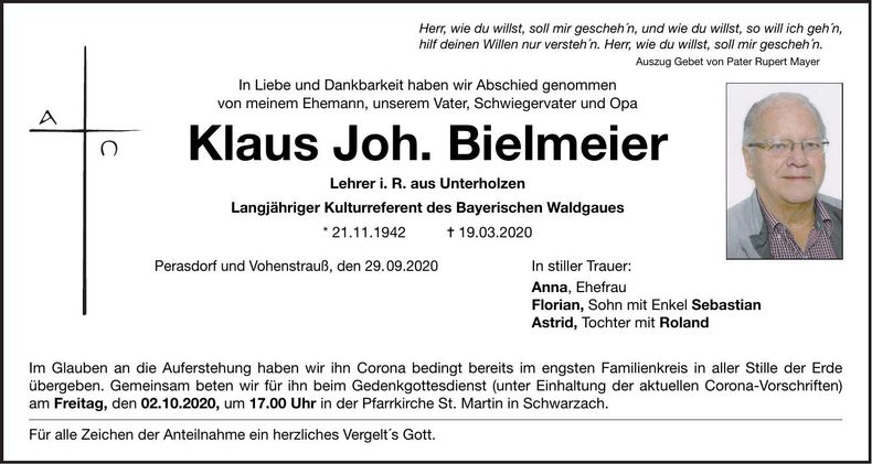 Traueranzeige Klaus Johann Bielmeier
