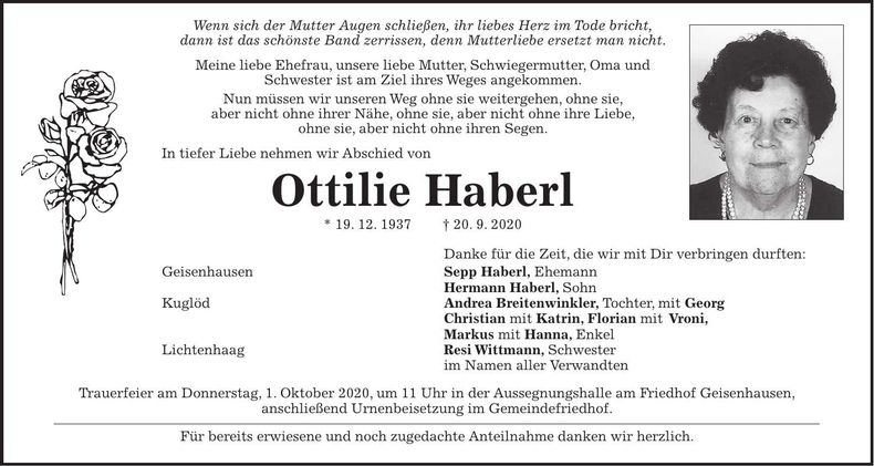 Traueranzeige Ottilie Haberl