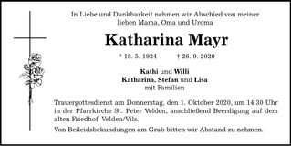 Traueranzeige Katharina Mayr