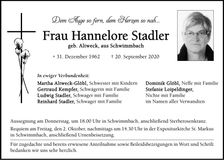 Traueranzeige Hannelore Stadler