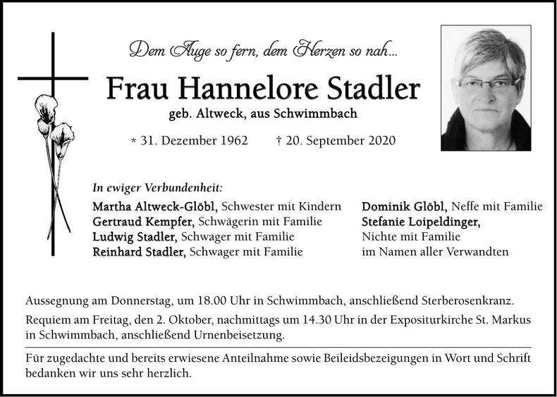 Traueranzeige Hannelore Stadler