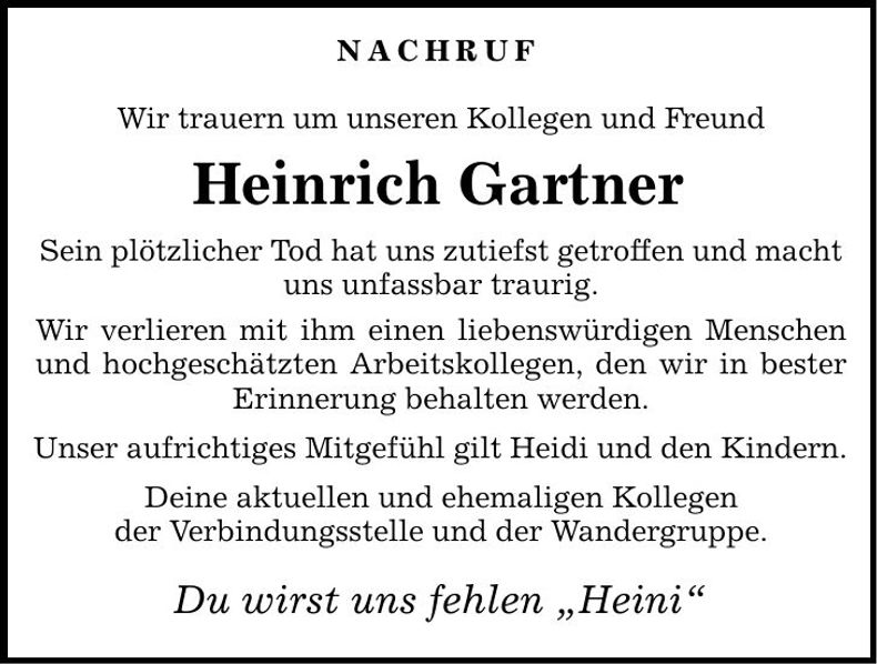 Traueranzeige Heinrich Gartner