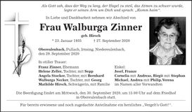 Traueranzeige Walburga Zinner