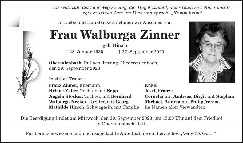 Traueranzeige Walburga Zinner