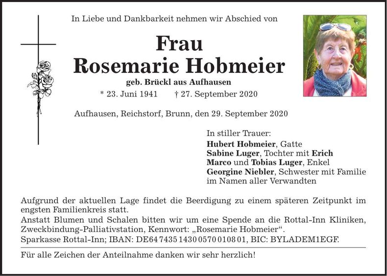 Traueranzeige Rosemarie Hobmeier