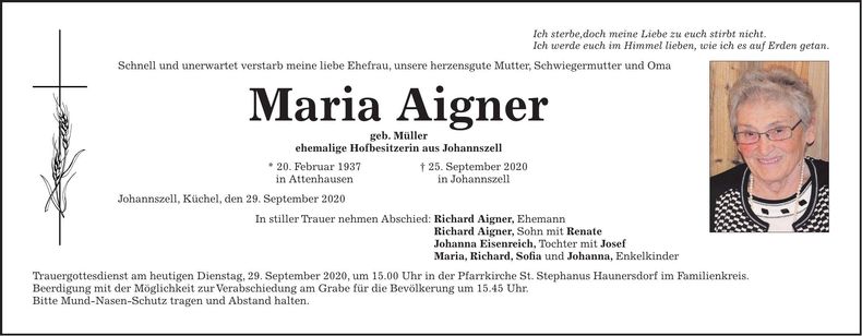 Traueranzeige Maria Aigner