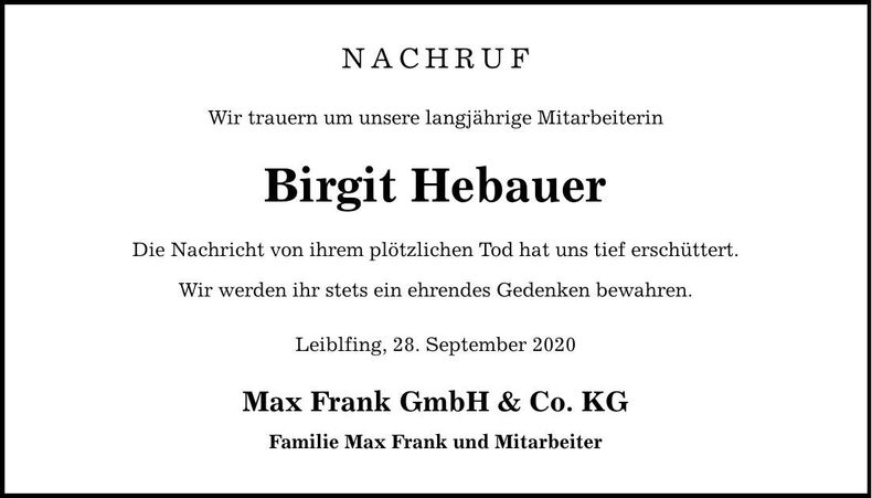 Traueranzeige Birgit Hebauer