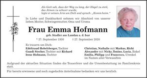 Traueranzeige Emma Hofmann