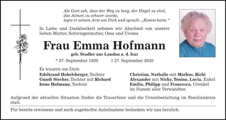 Traueranzeige Emma Hofmann