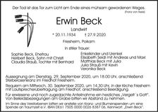 Traueranzeige Erwin Beck