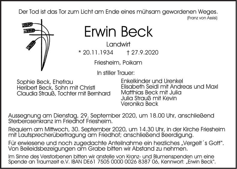 Traueranzeige Erwin Beck