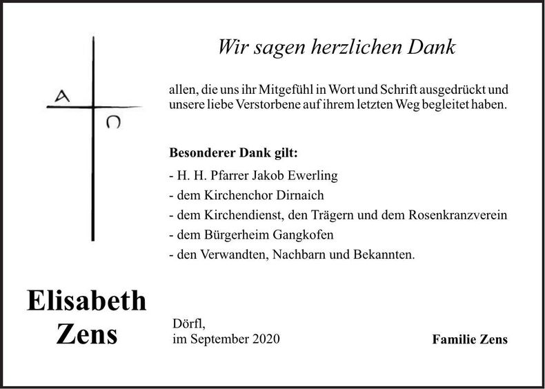 Traueranzeige Elisabeth Zens