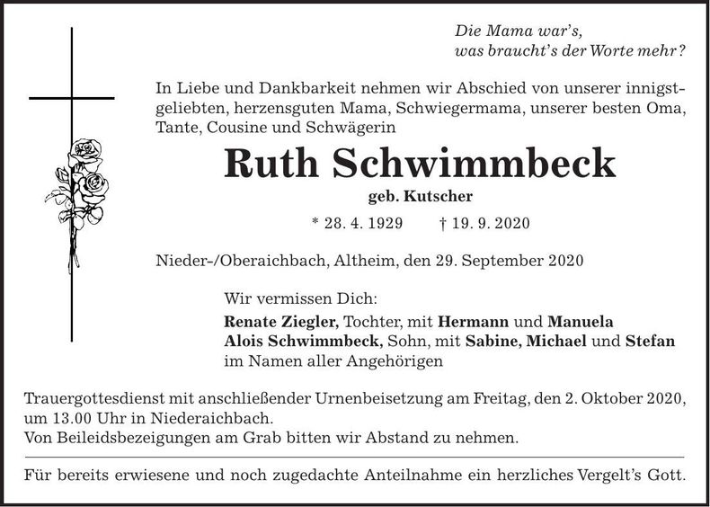 Traueranzeige Ruth Schwimmbeck