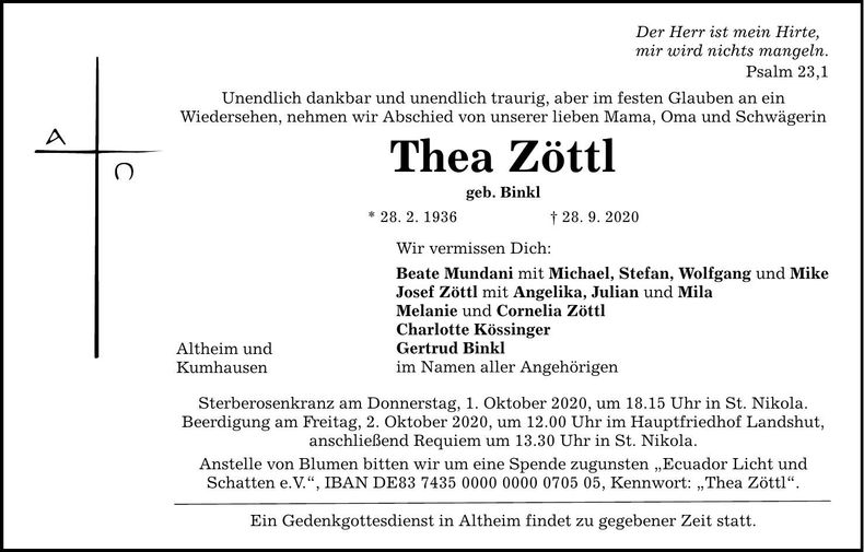 Traueranzeige Thea Zöttl