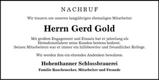 Traueranzeige Gerd Gold