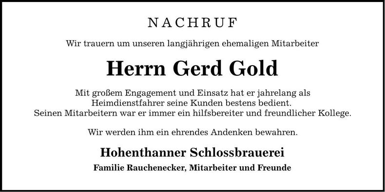 Traueranzeige Gerd Gold