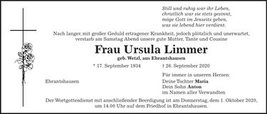 Traueranzeige Ursula Limmer