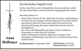 Traueranzeige Anna Hofbauer