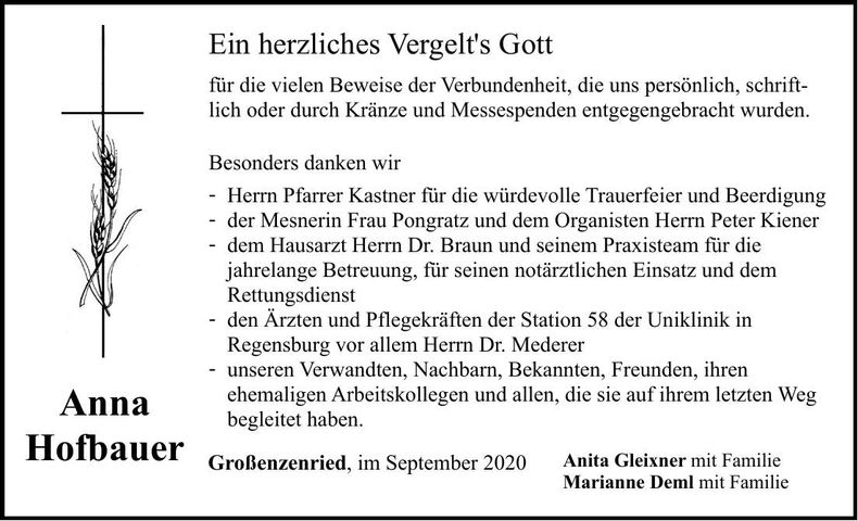 Traueranzeige Anna Hofbauer