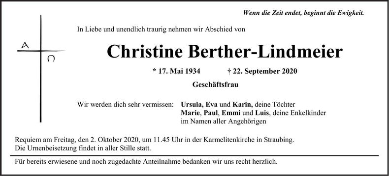 Traueranzeige Christine Berther-Lindmeier