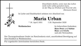 Traueranzeige Maria Urban