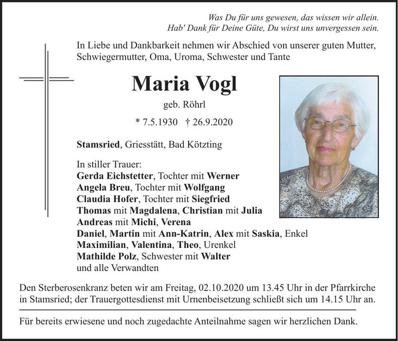 Traueranzeige Maria Vogl