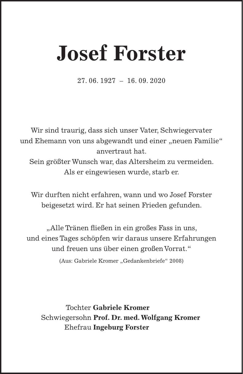 Traueranzeige Josef Forster