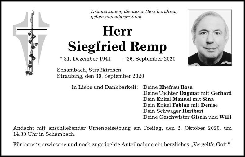 Traueranzeige Siegfried Remp