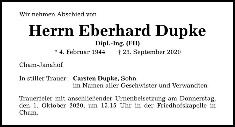 Traueranzeige Eberhard Dupke