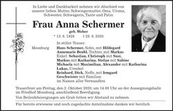 Traueranzeige Anna Schermer