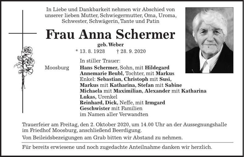 Traueranzeige Anna Schermer