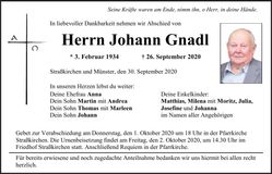 Traueranzeige Johann Gnadl
