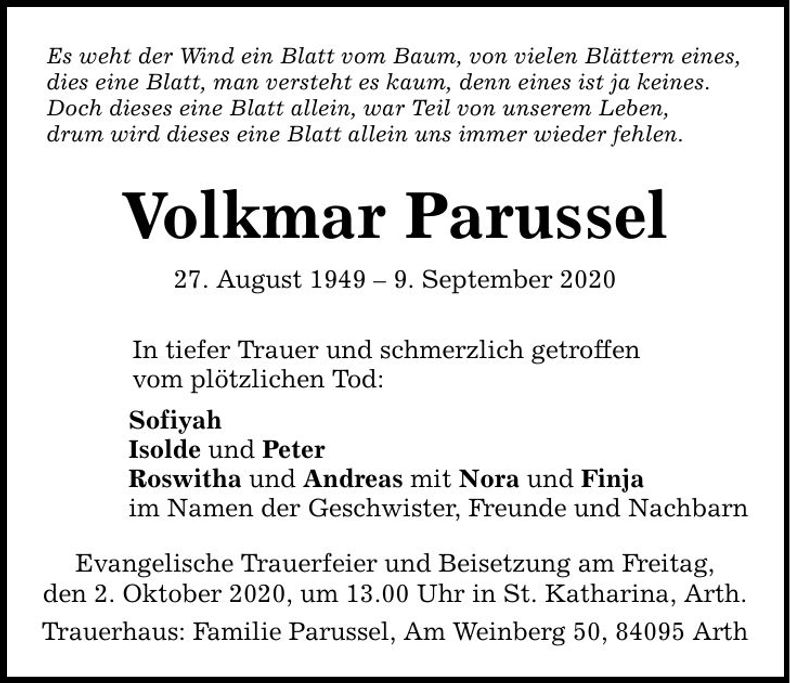 Traueranzeige Volkmar Parussel