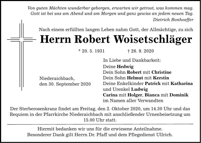 Traueranzeige Robert Woisetschläger
