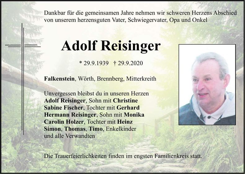 Traueranzeige Adolf Reisinger