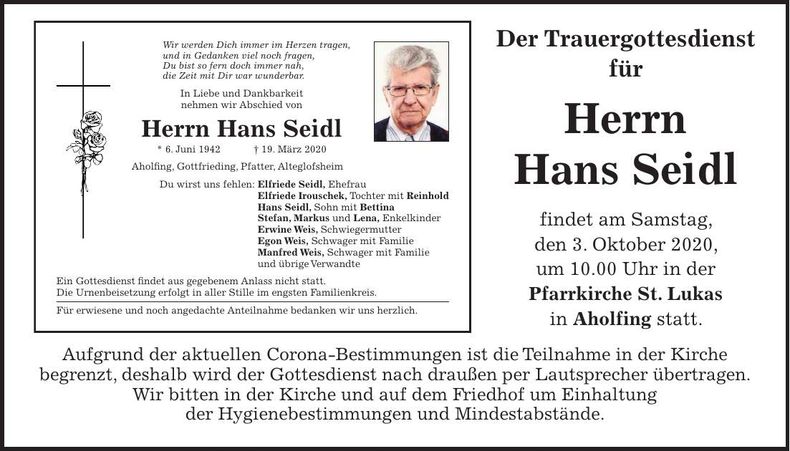 Traueranzeige Hans Seidl