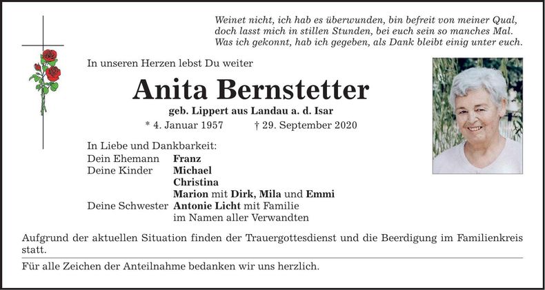 Traueranzeige Anita Bernstetter