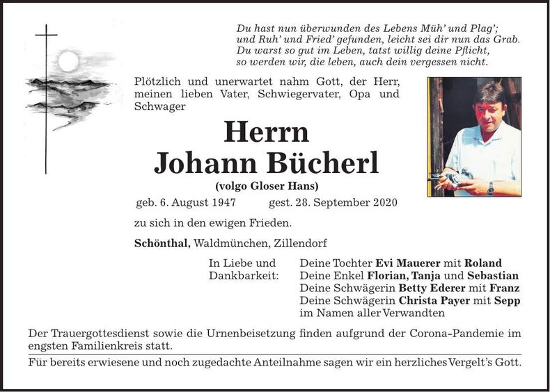 Traueranzeige Johann Bücherl