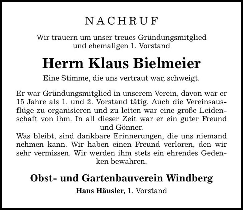 Traueranzeige Klaus Bielmeier